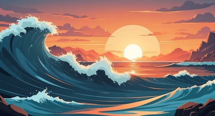 Sticker - ocean with crashing waves sunset landscape flat cartoon style illustration design background copy space backdrop