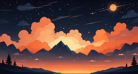 Canvas Print - orange night cloud sky with stars landscape flat cartoon style illustration design background copy space backdrop