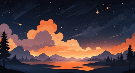 Sticker - orange night cloud sky with stars landscape flat cartoon style illustration design background copy space backdrop