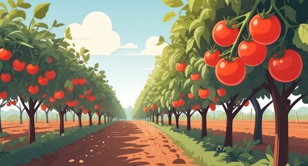 Sticker - orchard with ripe tomato landscape flat cartoon style illustration design background copy space backdrop