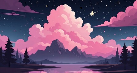 Canvas Print - pink night cloud sky with stars landscape flat cartoon style illustration design background copy space backdrop