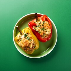 Wall Mural - Tasty dish stuffed bell peppers on green background