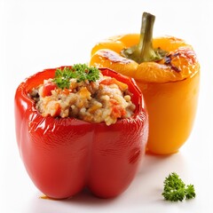 Wall Mural - Tasty dish stuffed bell peppers on white background