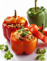 Wall Mural - Tasty dish stuffed bell peppers on white background