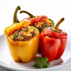 Wall Mural - Tasty dish stuffed bell peppers on white background