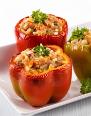 Wall Mural - Tasty dish stuffed bell peppers on white background