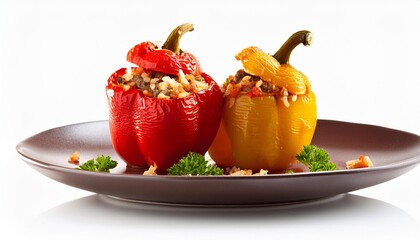 Wall Mural - Tasty dish stuffed bell peppers on white background