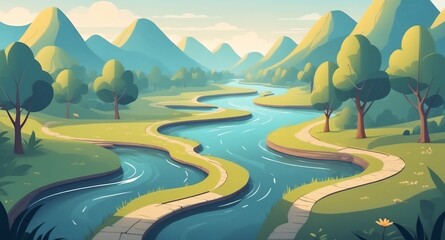 Wall Mural - river with winding path landscape flat cartoon style illustration design background copy space backdrop