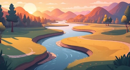 Canvas Print - river with winding path sunset landscape flat cartoon style illustration design background copy space backdrop