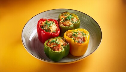 Wall Mural - Tasty dish stuffed bell peppers on yellow background