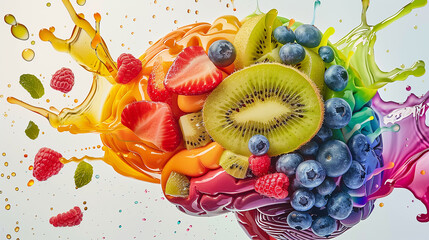 Canvas Print - A colorful explosion of fresh fruits including strawberries, kiwis, and blueberries, representing health and vitality against a white background.