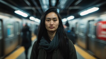 A woman standing in front of a subway train with people on it. AI.