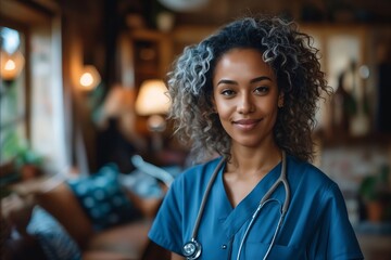 Sticker - A woman in scrubs and a stethoscope smiles at the camera