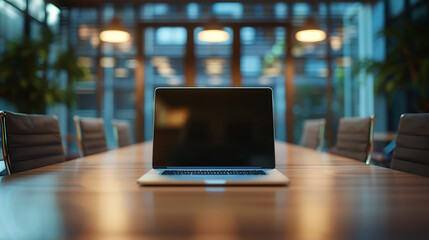 Fototapete - Laptop computer with opened lid on table in meeting room of office workspace.