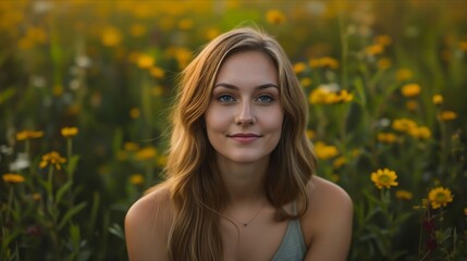 Wall Mural - A woman in a field of yellow flowers