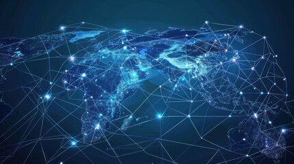A blue world map background with a digital globe and network connections representing technology, global communication, and the internet