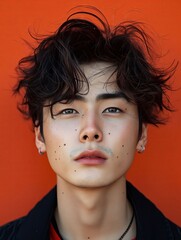 Wall Mural - A young man with freckles on his face and a black jacket