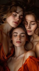 Wall Mural - Three young women in orange dresses laying on top of each other