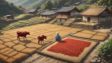 In the rural landscape of Korea, there are rice terraces, and in a yard where a farmer leads a cow, red peppers are dried on a small mat. Realistic and detailed.