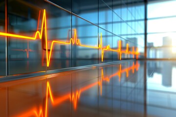 Wall Mural - neon orange heart rate line on a reflective surface symbolizing life vitality and modern medical tec