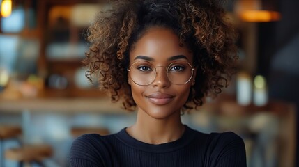 Canvas Print - A woman wearing glasses in a coffee shop