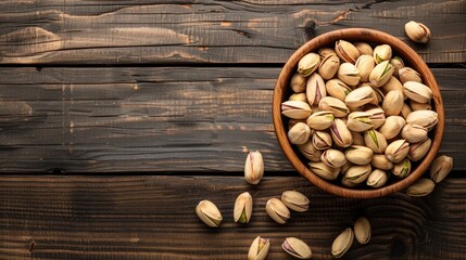 Top view wooden background with pistachios in a bowl