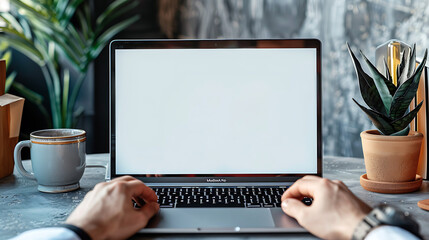 Fototapete - Close up of male hands and laptop with blank screen. Mock-up of computer monitor. Copyspace ready for design or text
