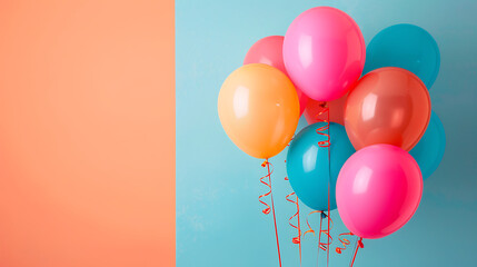 Bunch of bright balloons and space for text against color background