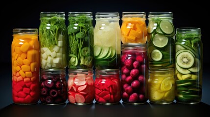 Sticker - A vibrant display of assorted fermented foods in clear glass jars represents a healthy, probiotic-rich cuisine, showcasing textures and hues from vegetables and fruits. AI 