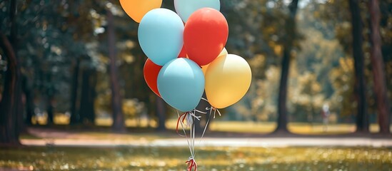 Different colored balloons tied together in a park, celebrating Friendship Day.