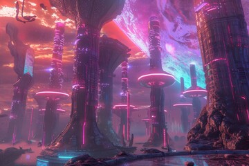 Wall Mural - Futuristic Cityscape Under a Pink Sky