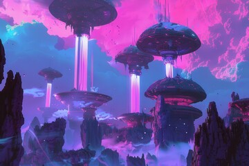 Wall Mural - Futuristic Cityscape with Hovering Platforms in a Pink and Blue Sky
