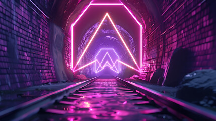 Aufkleber - 3d render. Geometric figure in neon light against a dark tunnel. Laser glow.