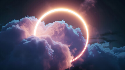 Poster - 3d render, abstract cloud illuminated with neon light ring on dark night sky. Glowing geometric shape, round frame