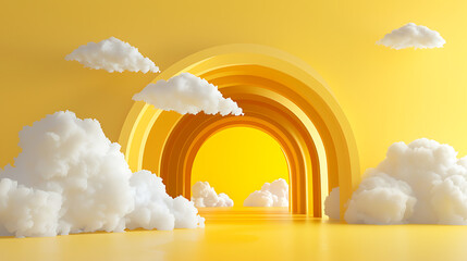 Poster - 3d render, abstract minimal yellow background with white clouds flying out the tunnel