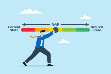 Strategic planning analysis concept vector illustration with business analysts pull gap between current and desired state