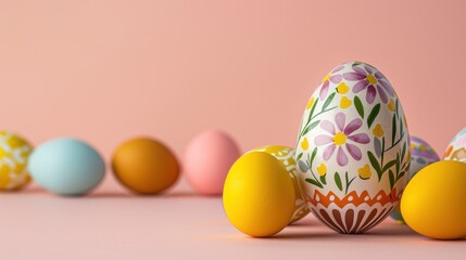 Wall Mural - A softly colored background with a vintage egg adorned with intricate patterns, positioned on the right side