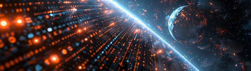 Wall Mural - A vibrant digital landscape featuring a glowing planet and dynamic light patterns in deep space, perfect for science fiction themes.