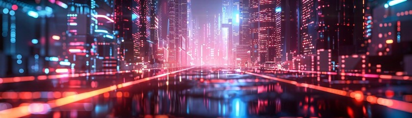 Wall Mural - futuristic cityscape with glowing neon lights and reflective surfaces, creating a vibrant urban atmo