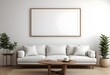 © Sharif54 - Minimalist living room with a large white sofa, wooden coffee table, and a blank framed wall art
