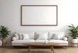 © Sharif54 - Minimalist living room with a large white sofa, wooden coffee table, and a blank framed wall art