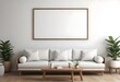© Sharif54 - Minimalist living room with a large white sofa, wooden coffee table, and a blank framed wall art
