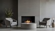 © Sharif54 - Modern living room with a concrete fireplace, two gray armchairs, and a round coffee table with a candle centerpiece. Generative AI