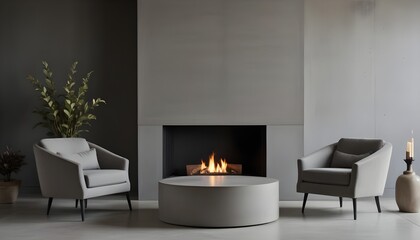 Modern living room with a concrete fireplace, two gray armchairs, and a round coffee table with a candle centerpiece. Generative AI