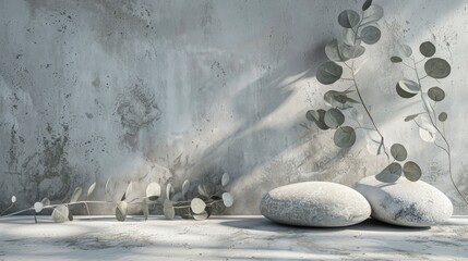 Canvas Print - Minimal nature scene with stone and eucalyptus for cosmetic product presentation