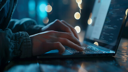 Aufkleber - Typing on laptop closeup, chatting in Facebook, meeting website. Blogger, journalist writing new article.