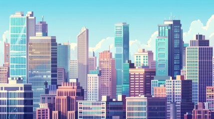  a big city with skyscrapers constraint on top of a single tile, minimalistic style, simple colors, 