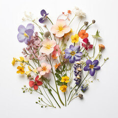 A beautiful bouquet of fresh spring colorful flowers in a flat lay, white background