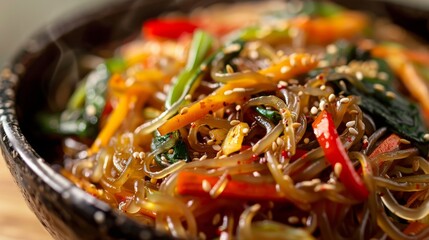 Canvas Print - A beautifully arranged bowl of Korean japchae, showcasing vibrant vegetables and sesame seeds from an inviting artistic angle