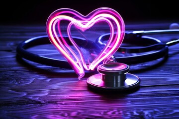 Poster - Stethoscope with a neon heart on a wooden background representing the blend of traditional and modern medical practices